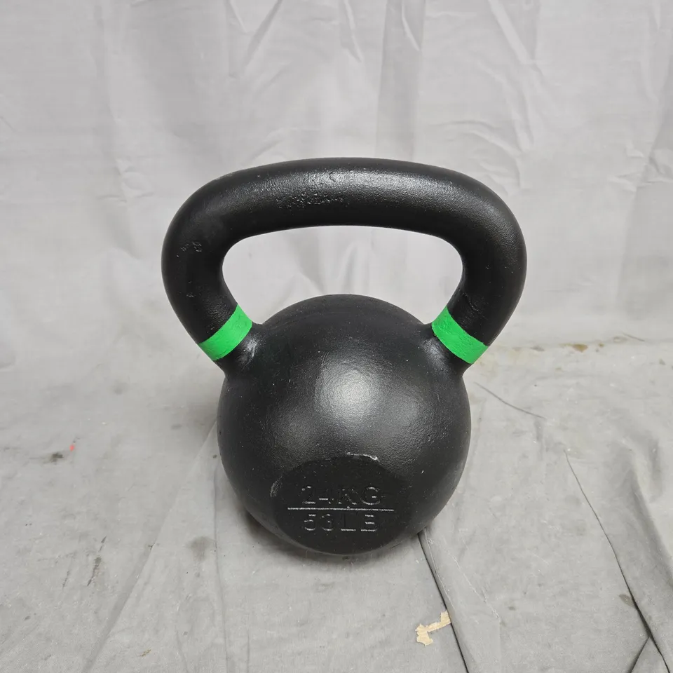 KETTLEBELL, 24 KG (53 LB), BLACK WITH GREEN HANDLE BANDS. UNBOXED