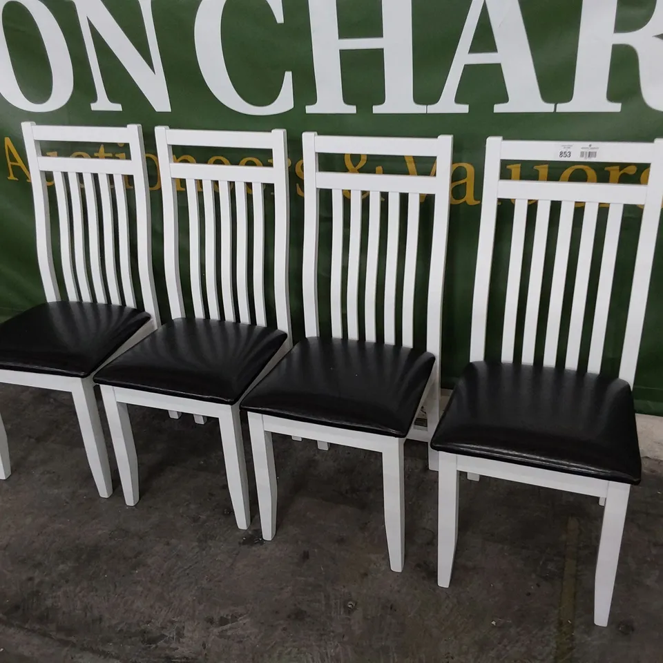 SET OF FOUR WHITE PAINTED SLAT BACK DINING CHAIRS BLACK PU UPHOLSTERED SEATS
