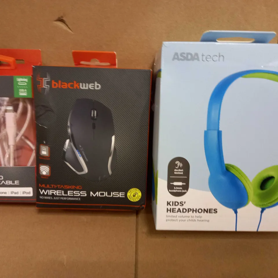 BOX OF APPROXIMATELY 20 ASSORETED ELECTRICAL ITEMS TO INCLUDE BLACK WEB SYNC AND CHARGE CABLE, BLACK WEB WIRELESS MOUSE, ASDA TECH KIDS HEADPHONES, ETC