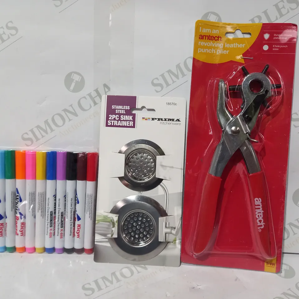 LOT OF APPROXIMATELY 10 ASSORTED HOUSEHOLD ITEMS TO INCLUDE REVOLVING LEATHER PUNCH PLIER, 2PC SINK STRAINER, WHITEBOARD MARKERS, ETC