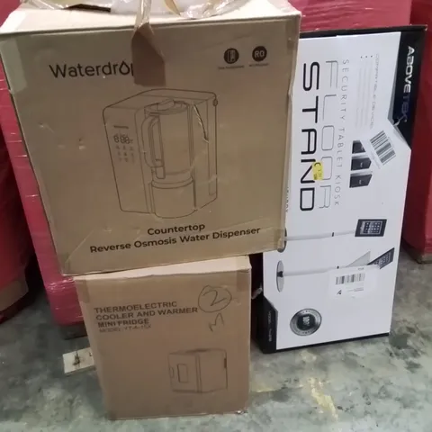 PALLET OF ASSORTED HOUSEHOLD GOODS AND PRODUCTS TO INCLUDE;WATER DISPENSER,MINI FRIDGE COOLER AND WARMER,SECURITY TABLET KIOSK