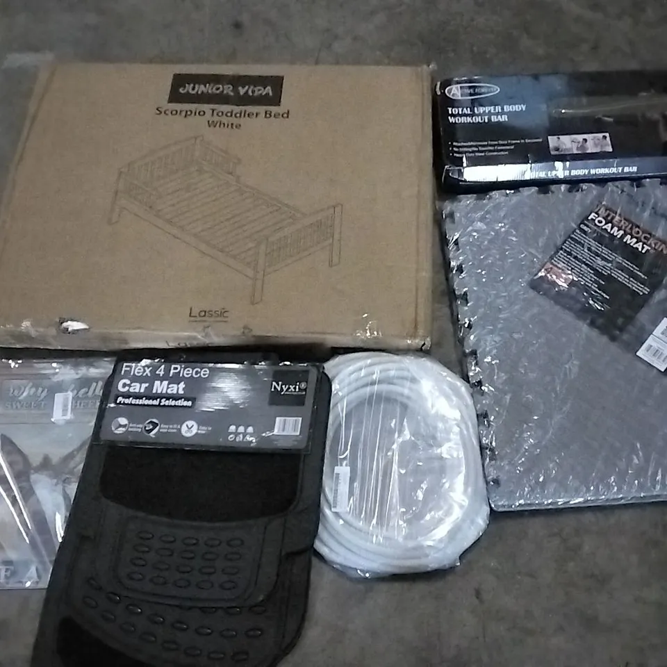 PALLET OF UNPROCESSED ITEMS TO INCLUDE  TOTAL UPPERBODY WORKOUT BAR, SCORPIO TODDLER BED WHITE, AND FLEX 4 PIECE CAR MATT