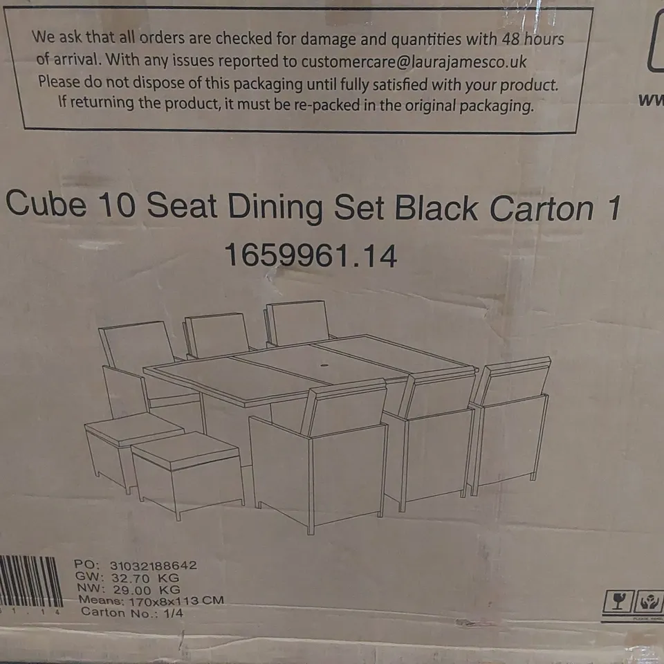 BOXED LAURA JAMES CUBE 10 SEAT DINING SET - BLACK // INCOMPLETE // 1 BOX MISSING, BOX 3/4 MISSING (3 BOXES)