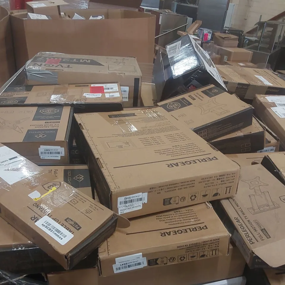 PALLET CONTAINING A LARGE QUANTITY OF ASSORTED TV MOUNTS AND SECURITY TABLET KIOSK ECT