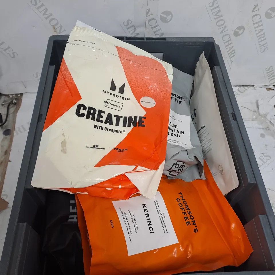 TOTE OF ASSORTED COFFEE POUCHES AND CREATINE TOO INCLUDE MY PROTEIN AND THOMSON'S COFFEE , ETC 