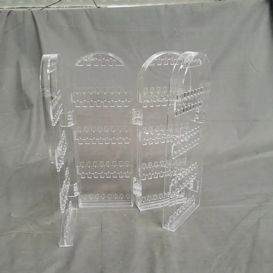 BOX OF APPROXIMATELY 20 CLEAR PLASTIC JEWELRY RACK