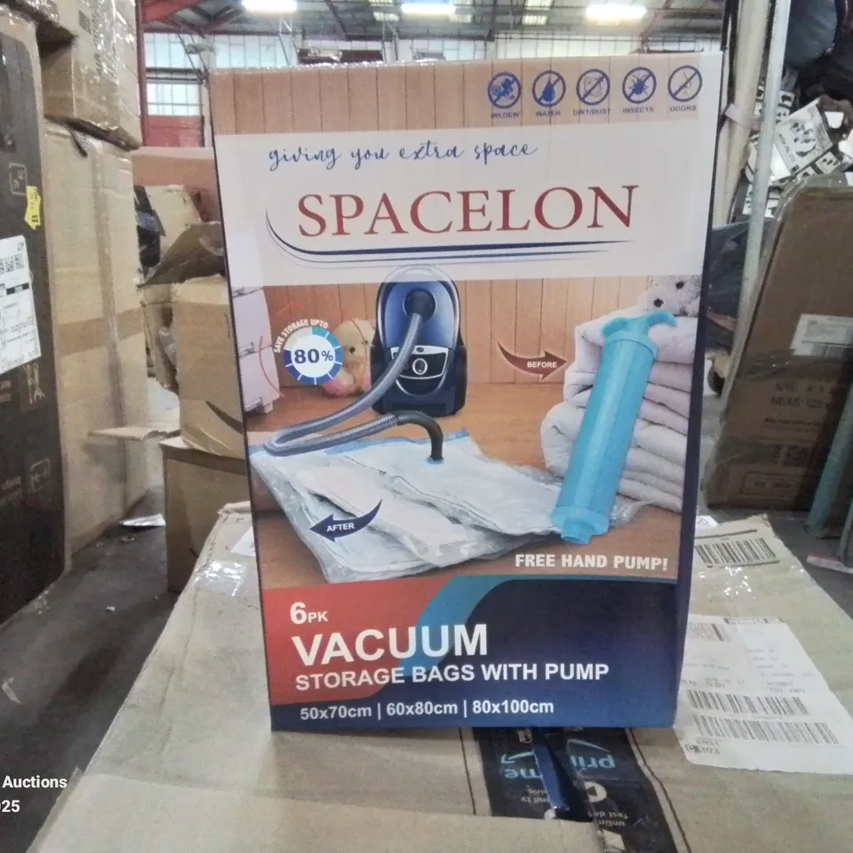 APPROXIMATELY 8 BOXED SPACELON 6PK VACUUM STORAGE BAGS WITH PUMP 