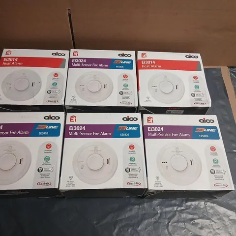 APPROXIMATELY SIX ASSORTED ALARAMS TO INCLUDE; AICO EI3024 MULTI-SENSOR FIRE ALARM (X4) + EI3014 HEAT ALARM (X2) – BOXED