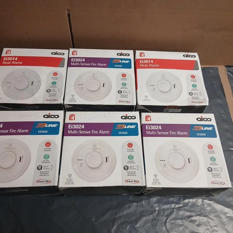 APPROXIMATELY SIX ASSORTED ALARAMS TO INCLUDE; AICO EI3024 MULTI-SENSOR FIRE ALARM (X4) + EI3014 HEAT ALARM (X2) – BOXED