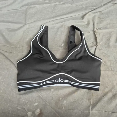 ALO YOGA SPORTS BRA – BLACK WITH WHITE PIPING & LOGO - SIZE S
