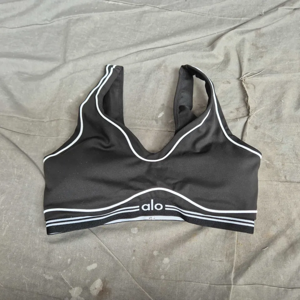 ALO YOGA SPORTS BRA – BLACK WITH WHITE PIPING & LOGO - SIZE S