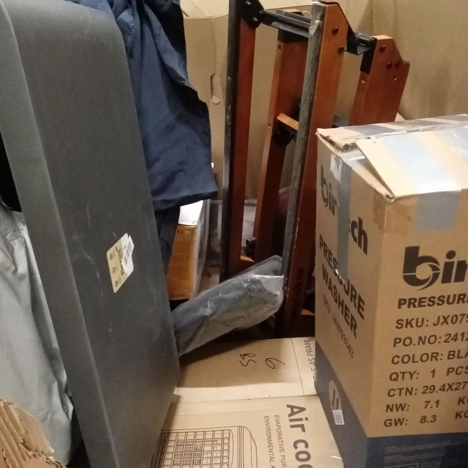 PALLET OF ASSORTED HOUSEHOLD GOODS AND PRODUCTS TO INCLUDE; AIR COOLER, PLANTER, PRESSURE WASHER, FAN ETC