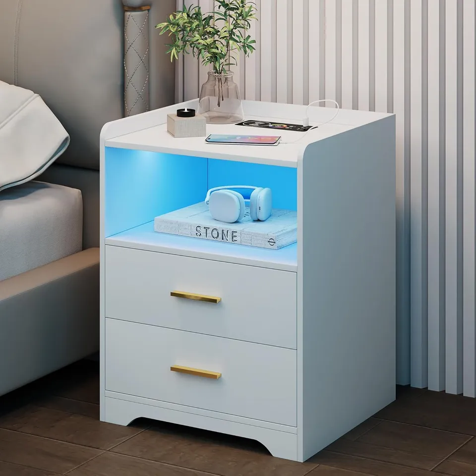 BOXED WHITE BEDSIDE TABLE WITH WIRELESS CHARGING STATION