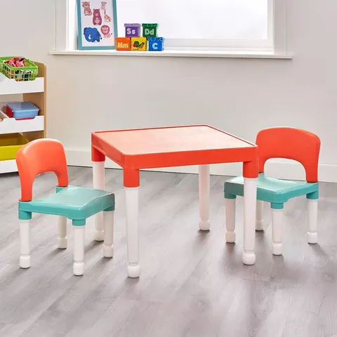 CHILDREN'S ORANGE AND GREEN PLASTIC TABLE & 2 CHAIR SET