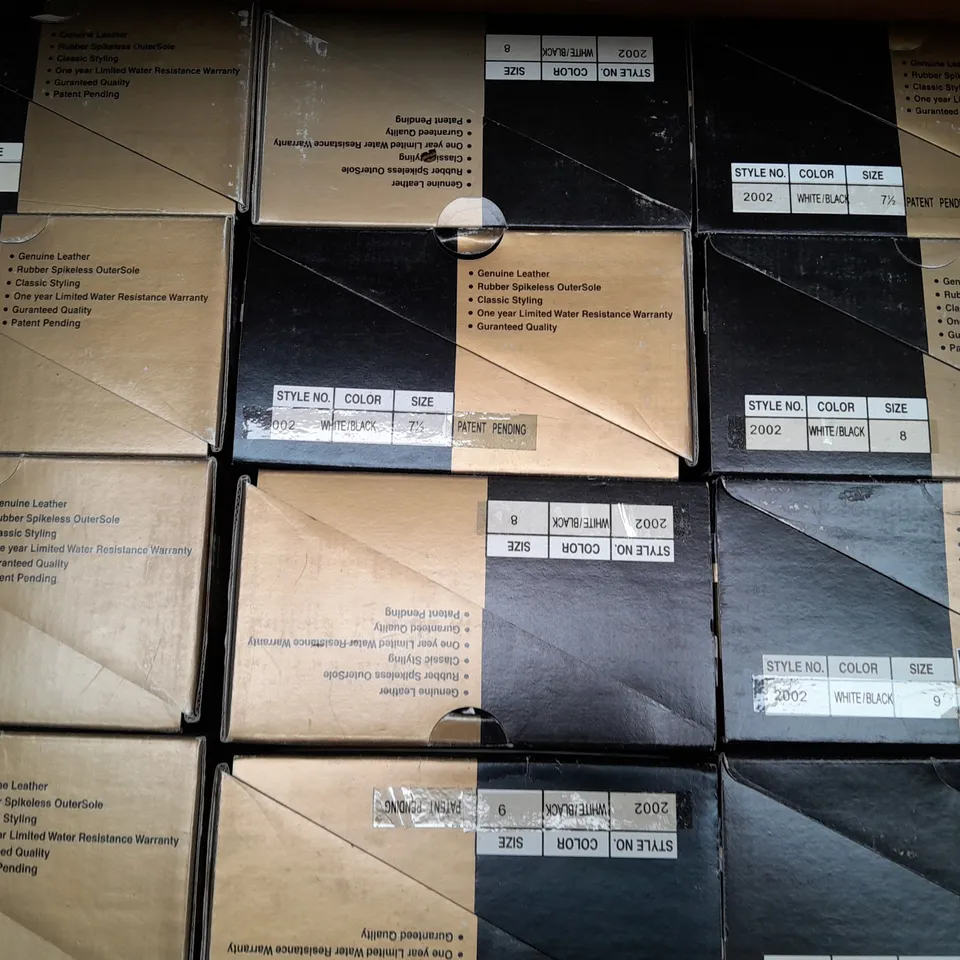 BOX OF APPROX 12 TOP LINE GOLF BLACK & WHITE GOLF SHOES IN VARIOUS SIZES