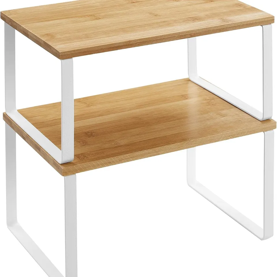 BOXED SONGMICS SET OF 2 CUPBOARD SHELF ORGANISER - WHITE AND NATURAL 