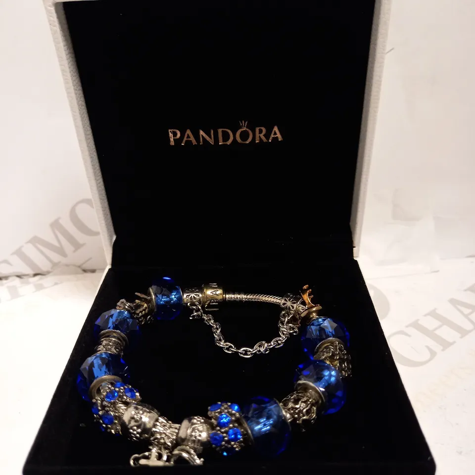 BOXED SILVER PANDORA CHARM BRACELET IN BLUE 