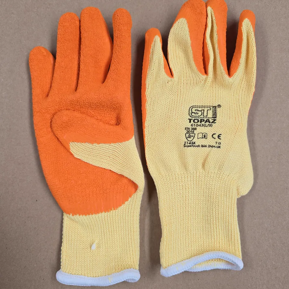 BRAND NEW 12-PACK OF ST TOPAZ WORK GLOVES IN ORANGE - L/9