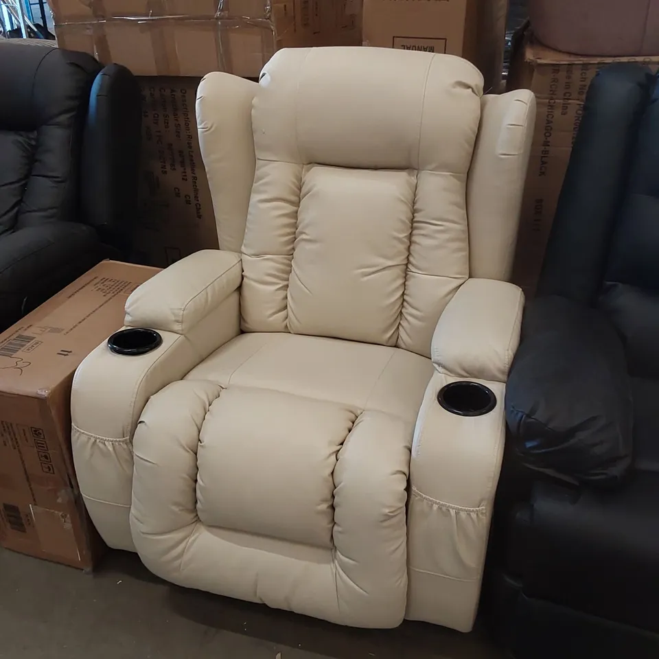 DESIGNER CREAM FAUX LEATHER MANUAL RECLINER CHAIR