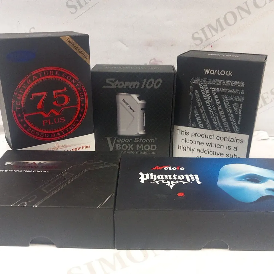 APPROXIMATELY 5 ASSORTED VAPING PRODUCTS TO INCLUDE; WARLOCK Z BOX 233, STORM 100, TEMPERATURE CONTROL 75 PLUS, FREAK SHOW TINY AND MOTOFO PHANTOM