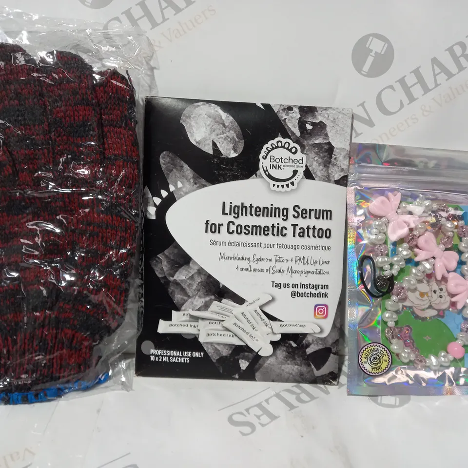 APPROXIMATELY 15 ASSORTED HOUSEHOLD ITEMS TO INCLUDE PROTECTIVE GLOVES, LIGHTENING SERUM FOR COSMETIC TATTOOS, ETC