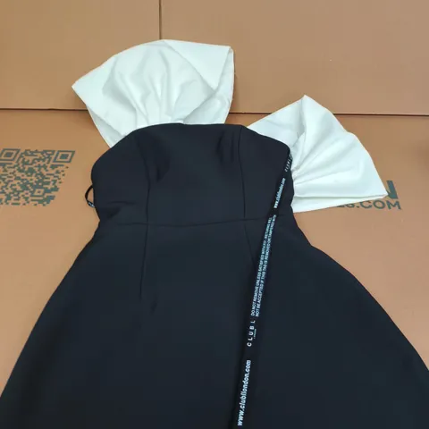 CLUB L LONDON BLACK AND WHITE BANDEAU-NECK MINI DRESS WITH BOW SLEEVES, UK 8