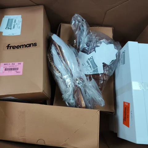 BOX OF APPROX 5 PAIRS OF ASSORTED SHOES IN VARIOUS COLORS , STYLES AND SIZES