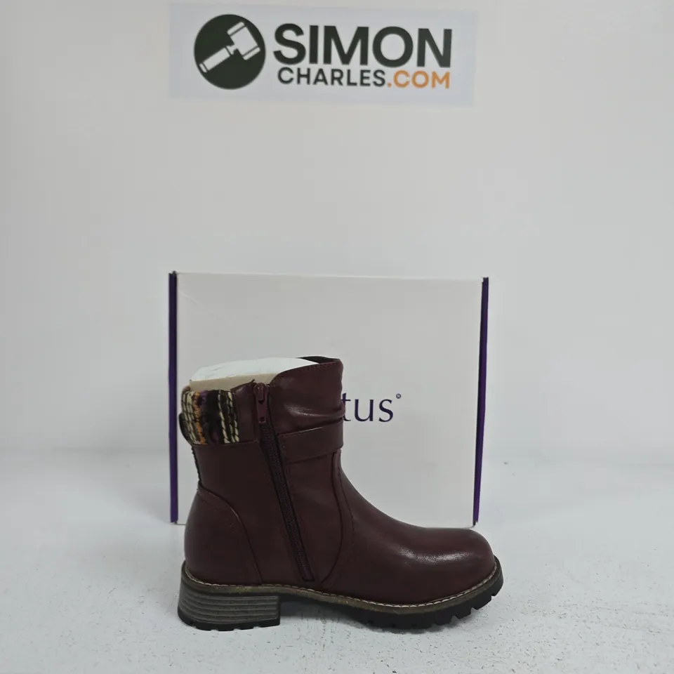 WOMEN’S BURGUNDY LEATHER ANKLE BOOT WITH SIDE ZIP & BUCKLE SIZE EU 36