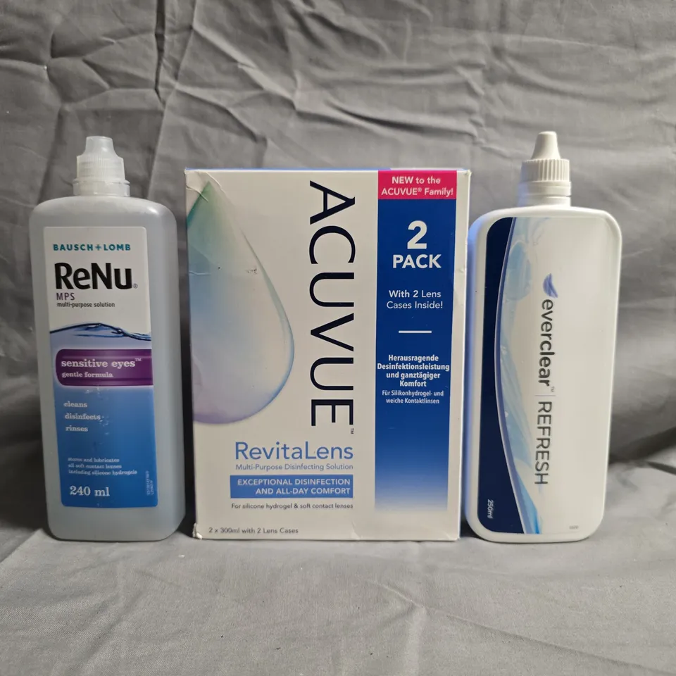 APPROXIMATELY 20 ASSORTED CONTACT LENS PRODUCTS TO INCLUDE EVERCLEAR, ACUVUE, RENU, ETC