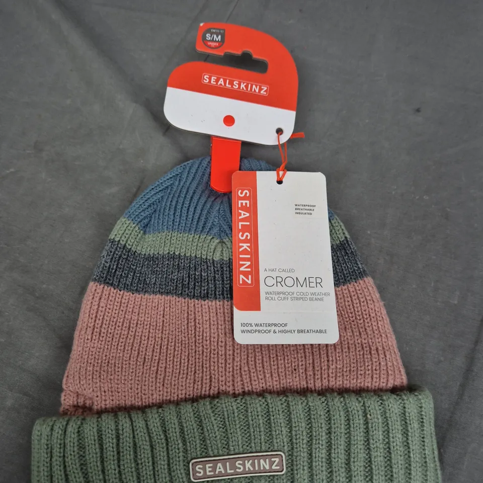 SEALSKINZ CROMER ROLL CUFF STRIPED BEANIE - S/M