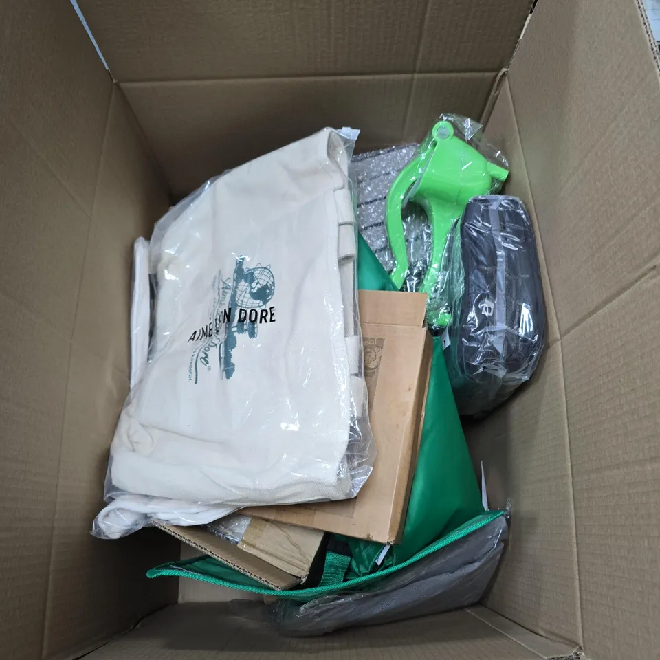 BOX OF APPROXIMATELY 12 ASSORTED HOUSEHOLD ITEMS INCLUDING DOUBLE KNITTING ACRYLIC WOOL . CHOCOLATE FONDUE SET AND VEGETABLE CHOPPER 