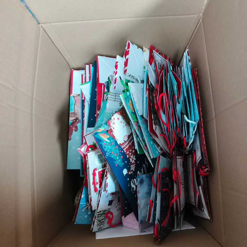BOX OF APPROXIMATELY 50 ASSORTED HOUSEHOLD ITEMS INCLUDING CHRISTMAS GIFT BAGS OF VARIOUS SIZES AND DESIGNS, AIR FRESHENERS,  MINI BRICKS TOY ETC