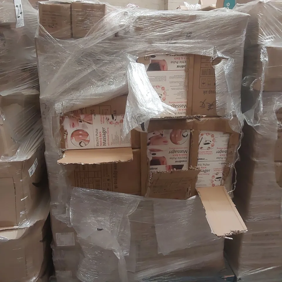 PALLET CONTAINING A VERY LARGE QUANTITY OF ASSORTED ITEMS INCLUDING: ELECTRIC PULSE NECK & BACK MASSAGES, POLYESTER BEACH UMBRELLAS ECT