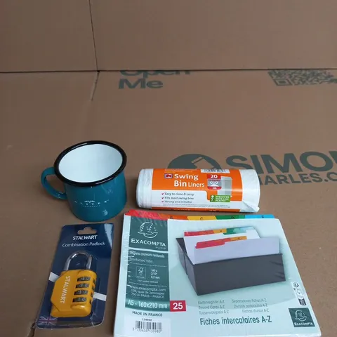 APPROXIMATELY 15 ASSORTED HOUSEHOLD PRODUCTS TO INCLUDE SWING BIN LINERS, ALTEX MUG AND A STALWART COMBINATION PADLOCK