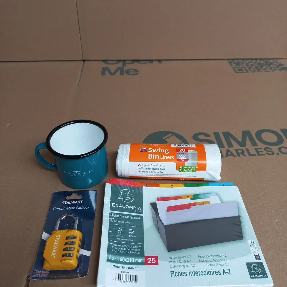APPROXIMATELY 15 ASSORTED HOUSEHOLD PRODUCTS TO INCLUDE SWING BIN LINERS, ALTEX MUG AND A STALWART COMBINATION PADLOCK