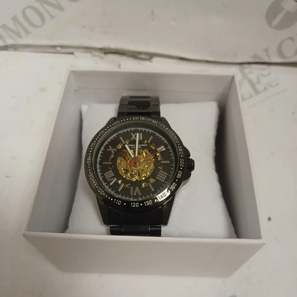 BOXED ANTHONY JAMES GENTS LIMITED EDITION TECHTONIC AUTOMATIC WATCH - STAINLESS STEEL - 3 ATM. 