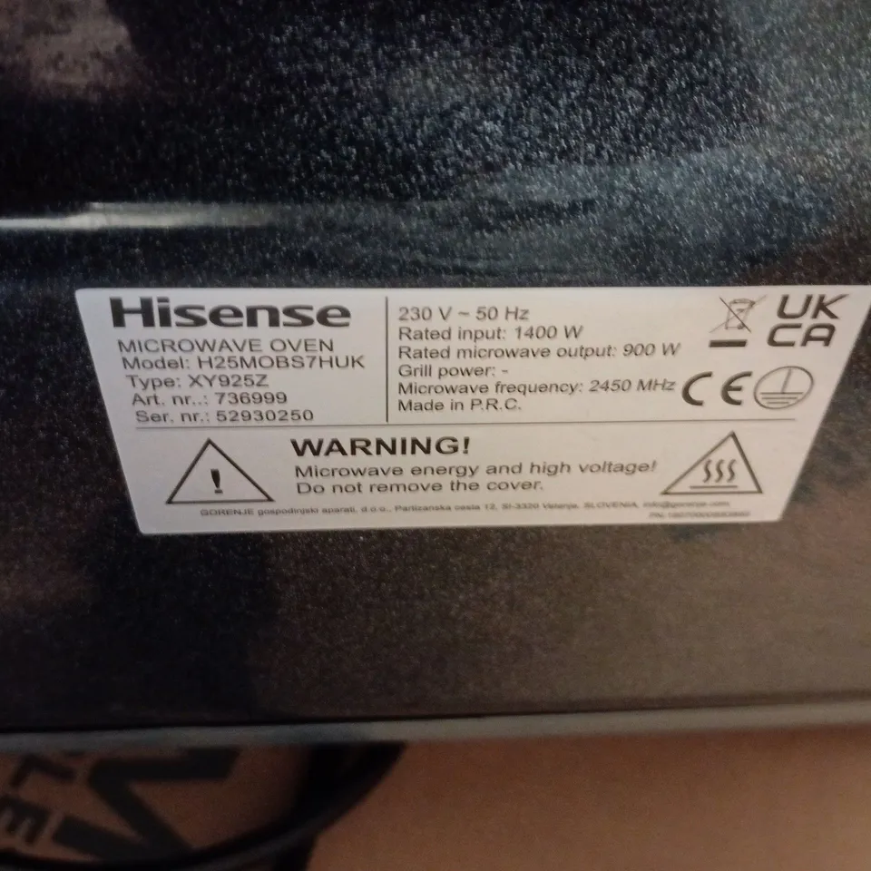 HISENSE MICROWAVE OVEN – MODEL H25M0BS7HUK, 900W OUTPUT, 1400W INPUT, 230V - UNBOXED