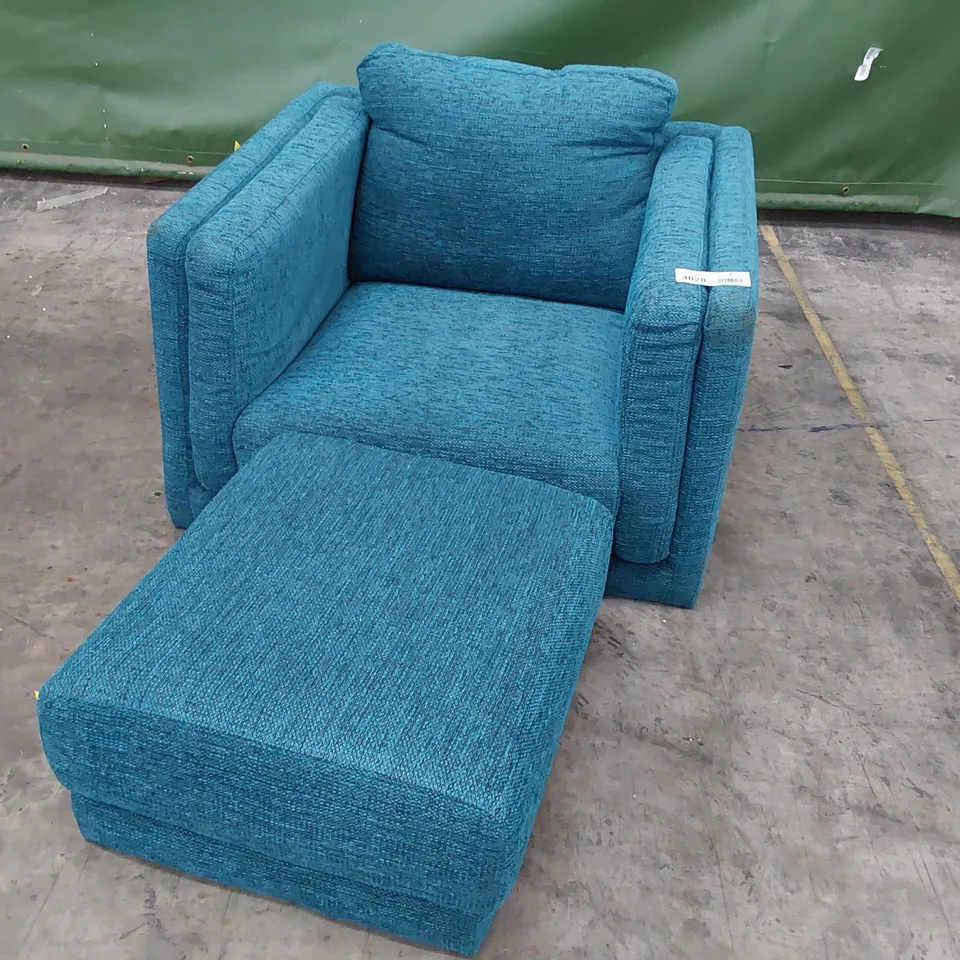 DESIGNER EASY CHAIR & FOOTSTOOL BLUE FABRIC 