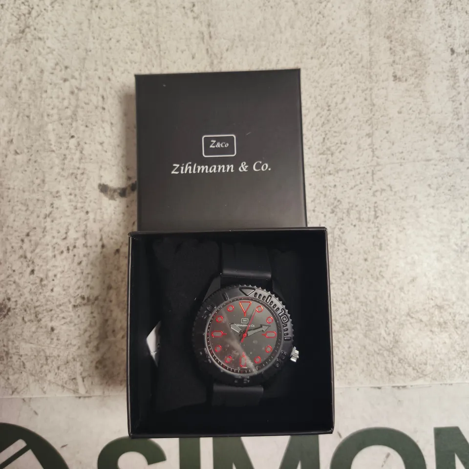 ZIHLMANN & CO. WRISTWATCH – BLACK DIAL WITH RED ACCENTS, BOXED