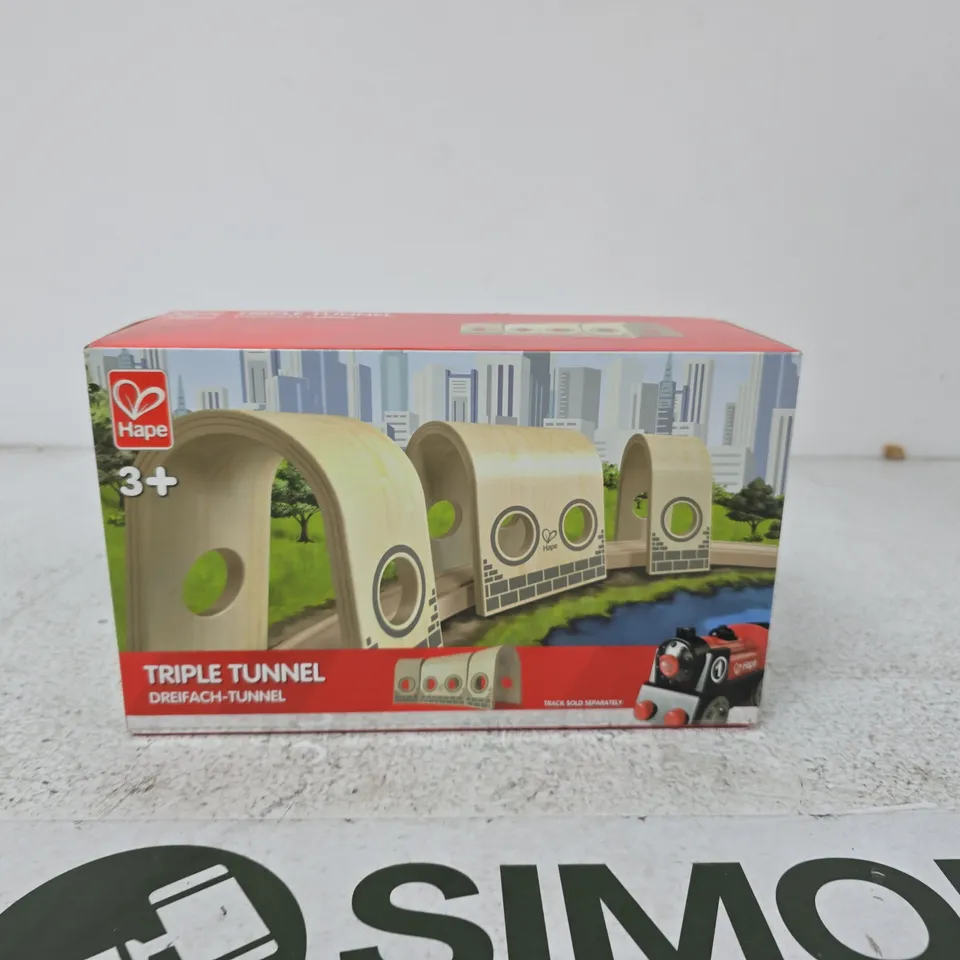 HAPE TRIPLE TUNNEL WOODEN CAR TRACK SET (3+), BOXED