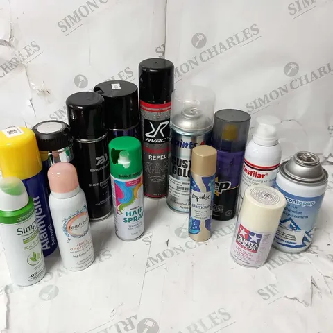 APPROXIMATELY 22 ASSORTED AEROSOL SPRAYS TO INCLUDE; OSCAR, SIMPLE, FEMFRESH, IMPULSE, TAMIYA COLOR, ENSTILAR, CREP AND PAINTS 4 U