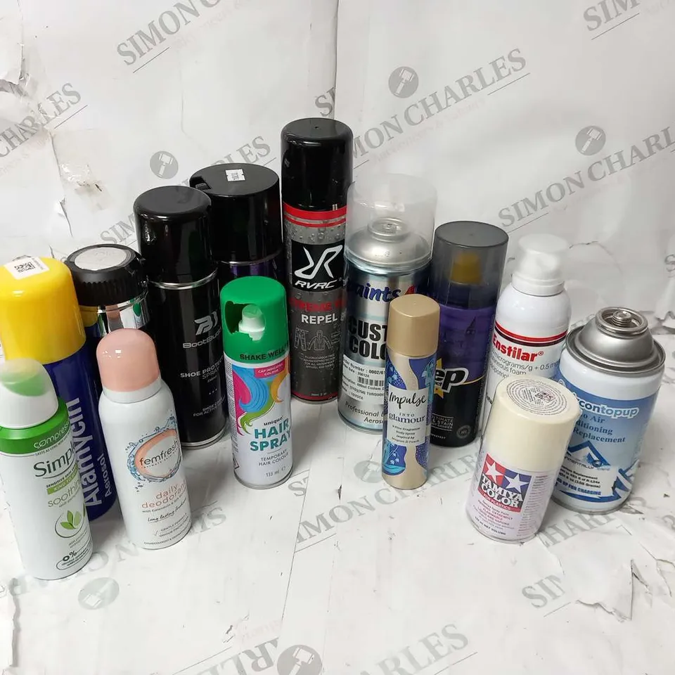 APPROXIMATELY 22 ASSORTED AEROSOL SPRAYS TO INCLUDE; OSCAR, SIMPLE, FEMFRESH, IMPULSE, TAMIYA COLOR, ENSTILAR, CREP AND PAINTS 4 U