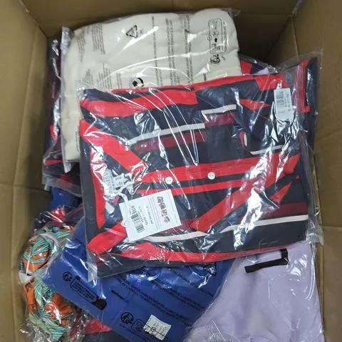 LARGE BOX OF ASSORTED CLOTHING ITEMS IN VARIOUS COLORS , SIZES AND STYLES