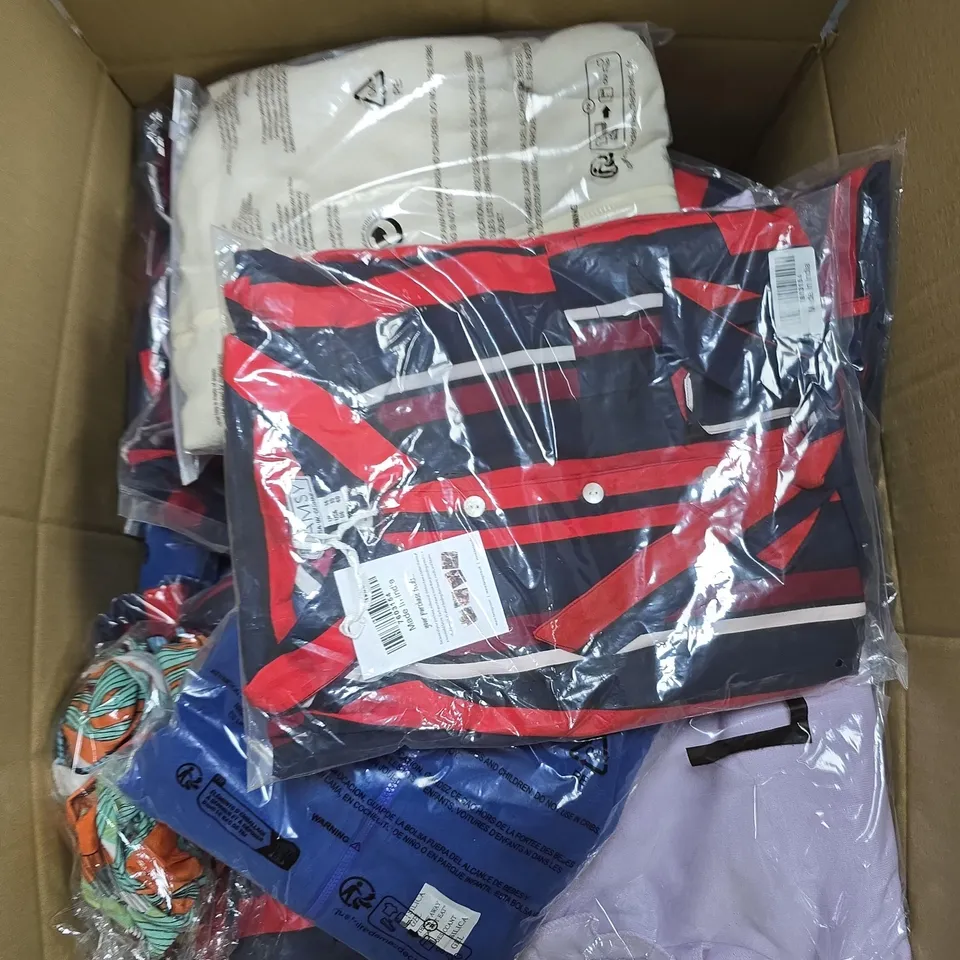 LARGE BOX OF ASSORTED CLOTHING ITEMS IN VARIOUS COLORS , SIZES AND STYLES