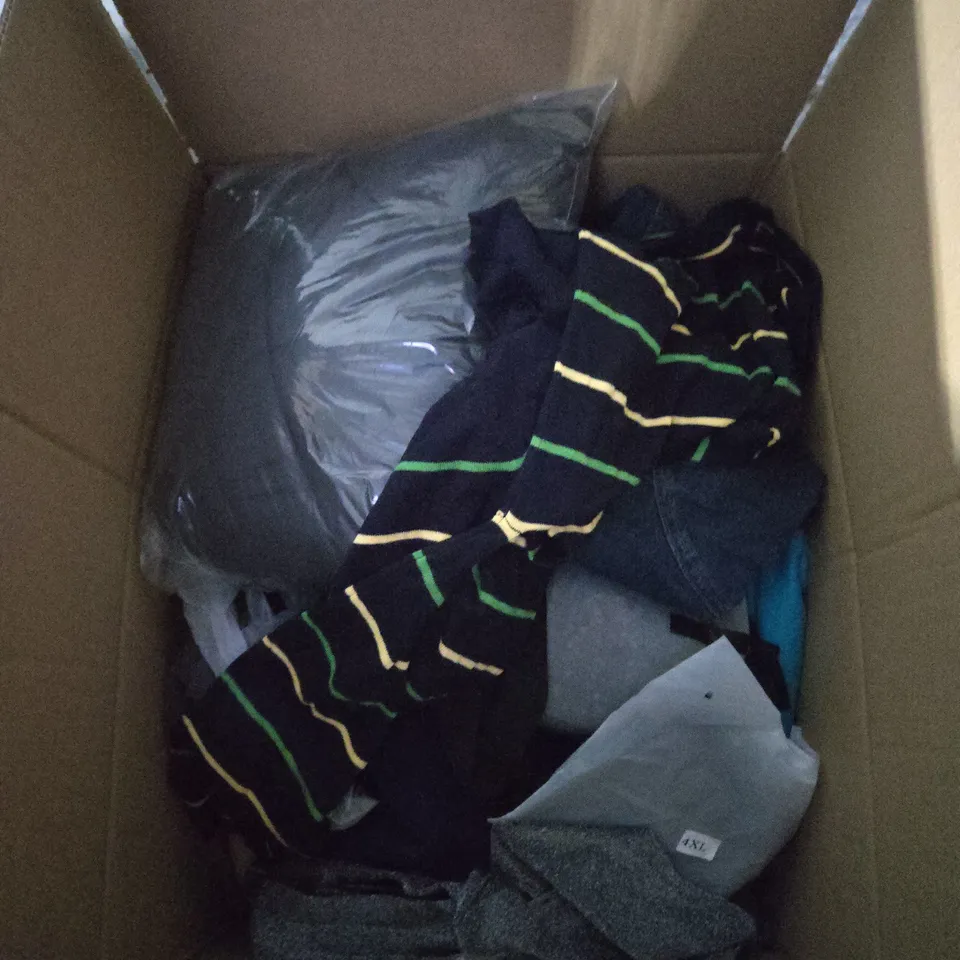 LARGE BOX OF ASSORTED CLOTHING ITEMS IN VARIOUS SIZES, STYLES AND COLOUR 