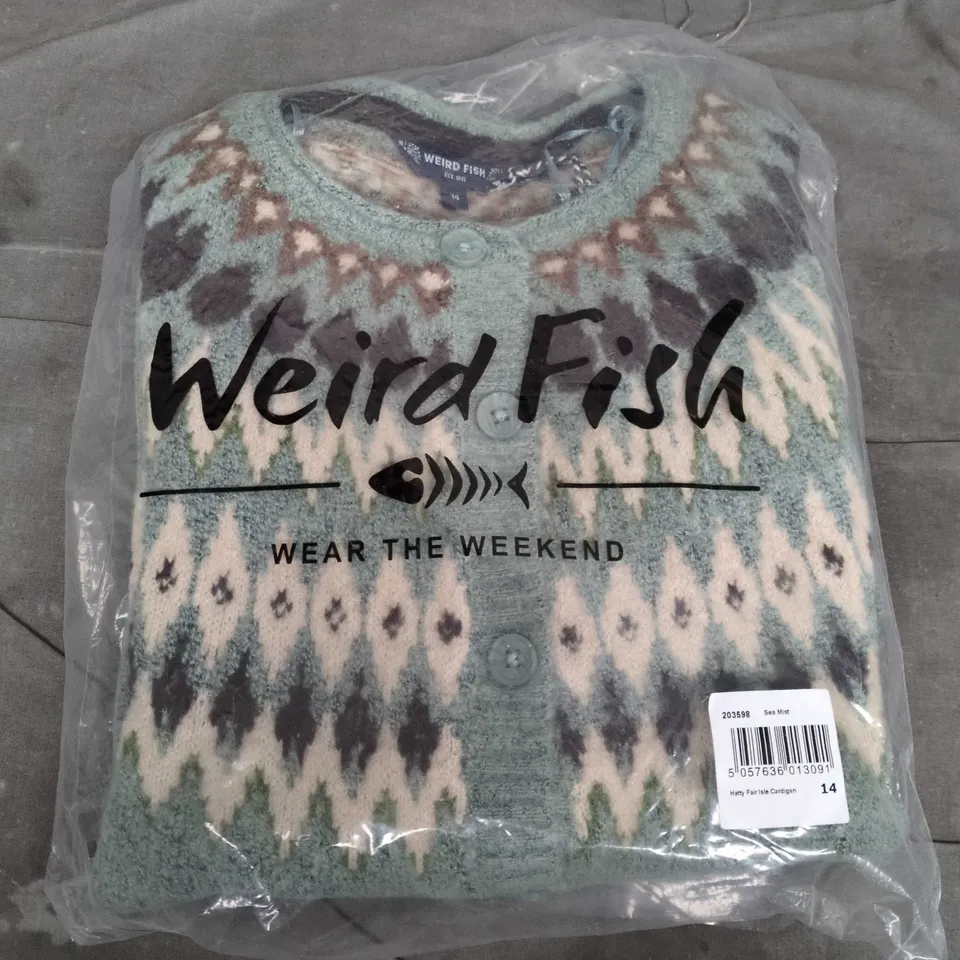 BAGGED WEIRD FISH HATTY FAIR ISLE CARDIGAN IN SEA MIST - SIZE 14