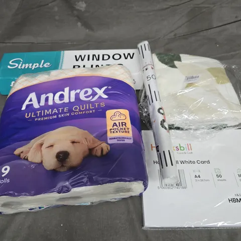 APPROXIMATELY 10 ASSORTED HOUSEHOLD PRODUCTS TO INCLUDE ANDREX ROLLS, CRAFTS WHITE CARD, WINDOW BLINDS, ETC - COLLECTION ONLY