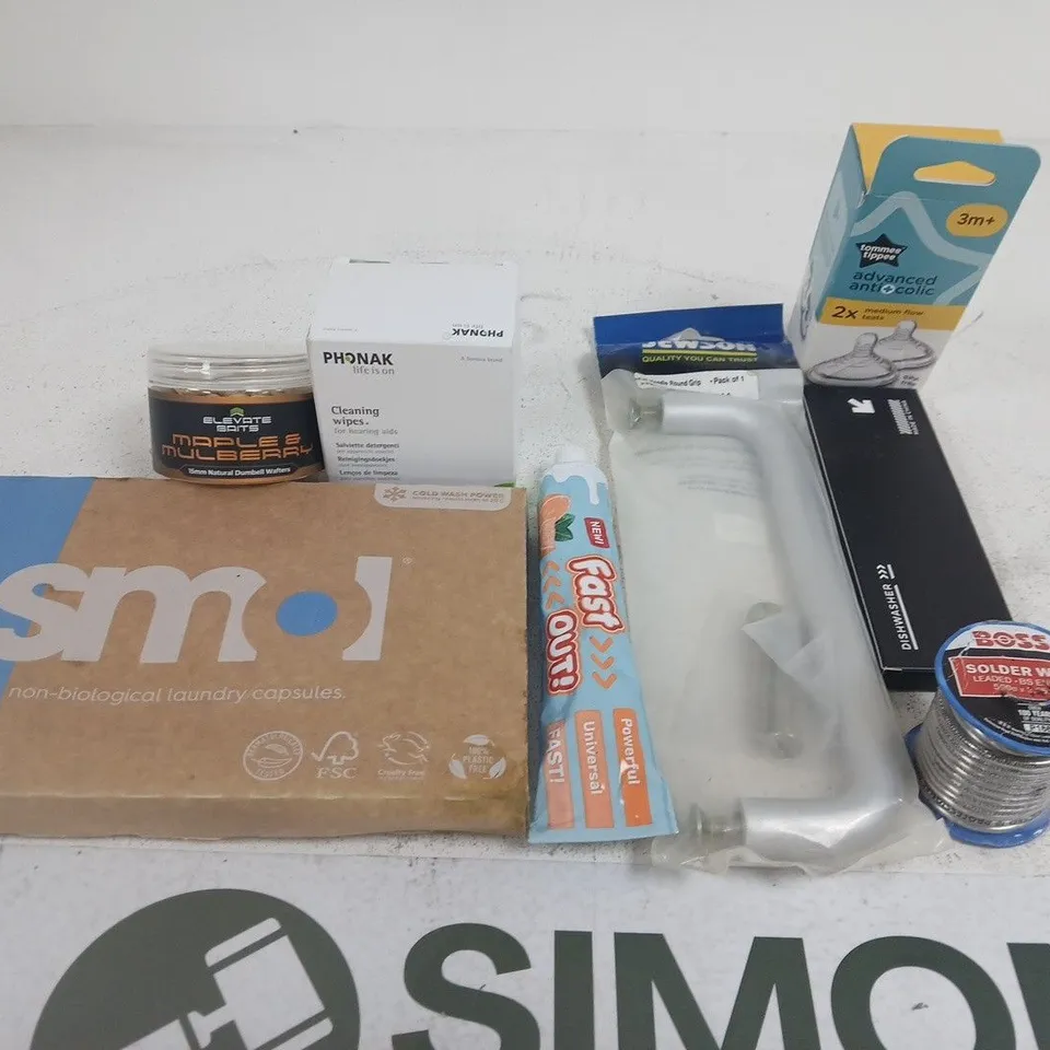 APPROXIMATELY 15 ASSORTED HOUSEHOLD PRODUCTS TO INCLUDE SMOL LAUNDRY CAPSULES, SOLDER WIRE, PHONAK CLEANING WIPES 