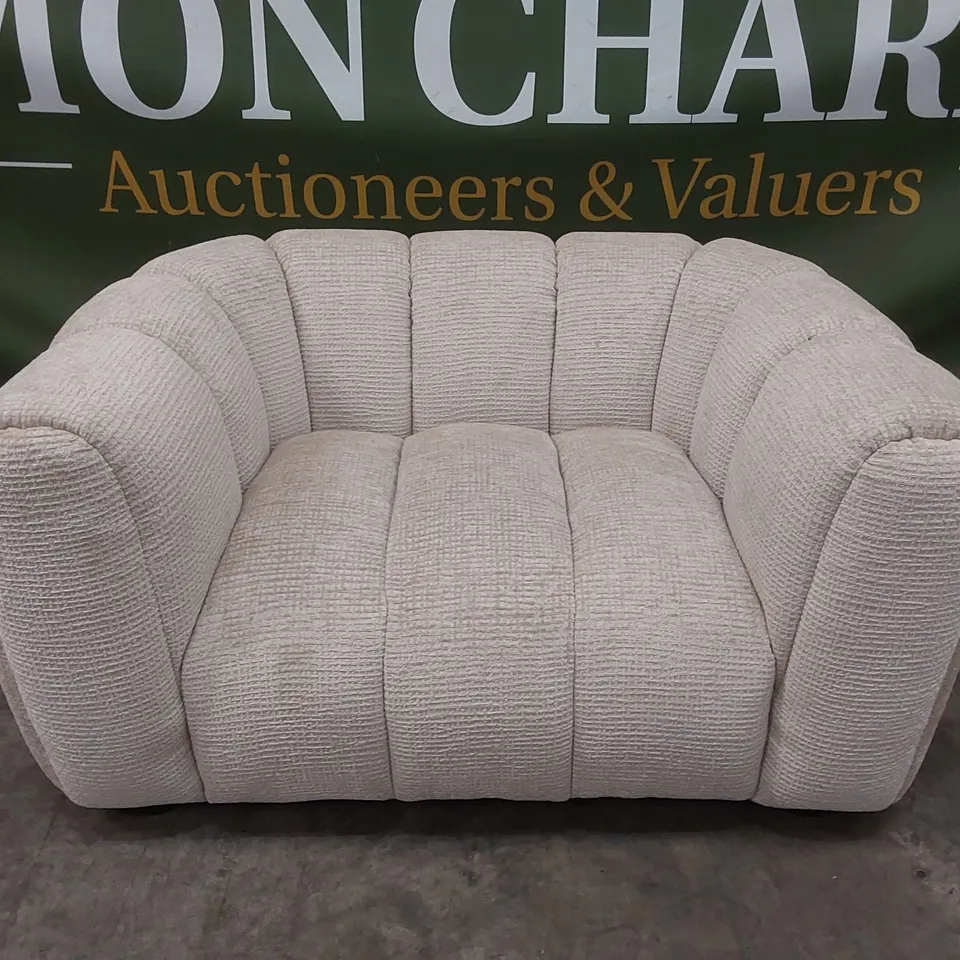 QUALITY DESIGNER BELLE SNUGGLER CHAIR IN GLAM BLOCK FABRIC - NATURAL