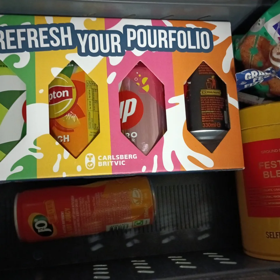 APPROXIMATELY 8 ASSORTED FOOD AND DRINK ITEMS TO INCLUDE EXTRA VIRGIN OLIVE OIL, PEPSI, J2O, ETC